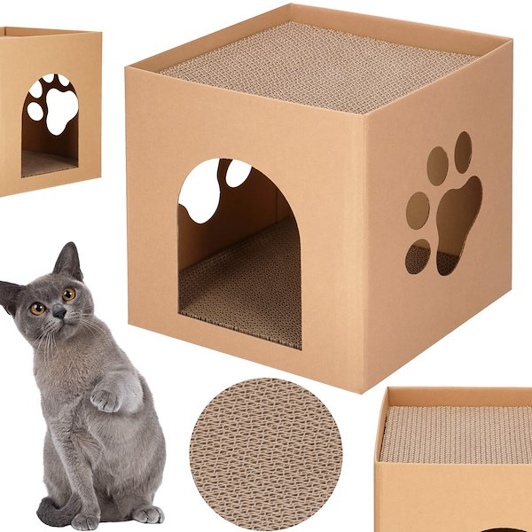 Dwupoziomowy kartonowy domek z drapakiem dla kota 30x30x30 cm drapak, legowisko brązowe