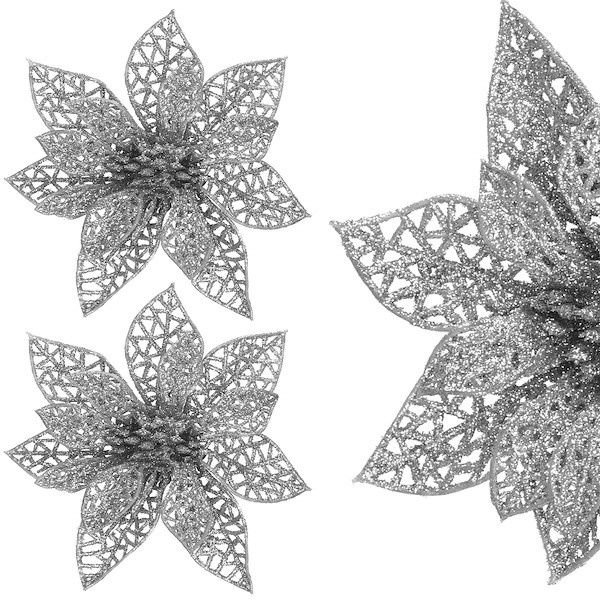 Gwiazda betlejemska 2 szt. srebrna z brokatem ażurowa na klipsie poinsecja sztuczny kwiat