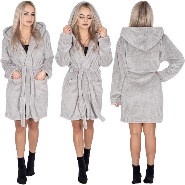 Szlafrok damski z kapturem i paskiem rozm. S/M polarowy jasny szary