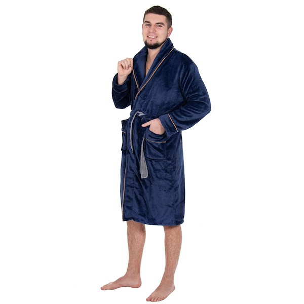 Szlafrok męski z paskiem rozm. L/XL polarowy granatowy