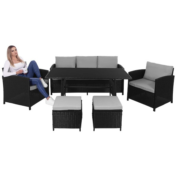 Meble ogrodowe technorattanowe komplet sofa, fotele, pufy i stolik ze szklanym blatem czarno-szary