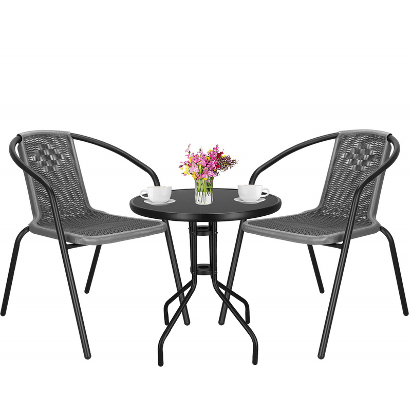 Zestaw mebli ogrodowych stół okrągły i 2 krzesła metalowe komplet ogrodowy czarno-szary
