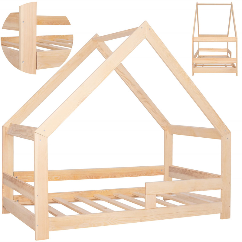 Łóżko ze stelażem domek 160x80cm drewniane łóżeczko dziecięce jasny brąz