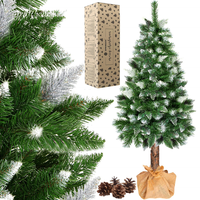 Sztuczna choinka na pniu 160 cm sosna diamentowa ośnieżona drzewko świąteczne