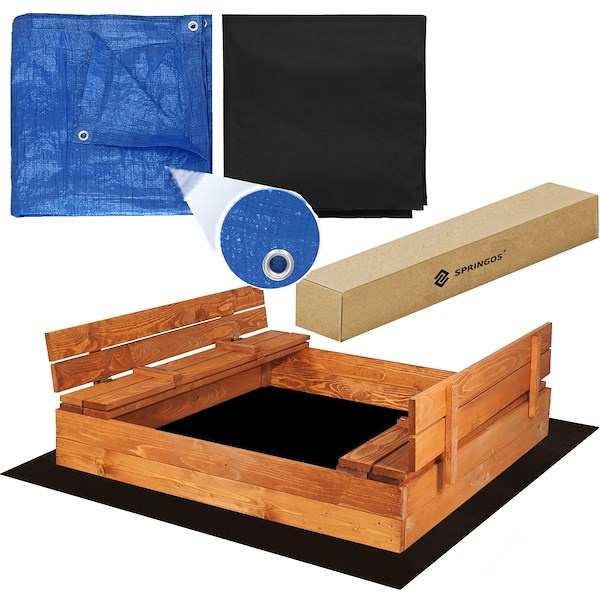 Piaskownica dla dzieci zamykana drewniana 120x120 cm z ławkami, plandeką i podłożem