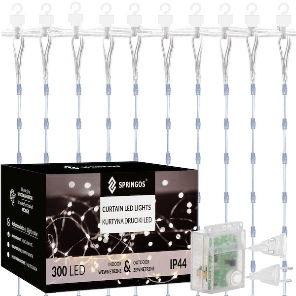 Kurtyna świetlna 300 led lampki choinkowe wewnętrzno-zewnętrzne sople biały zimny + flash