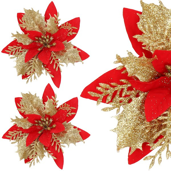 Gwiazda betlejemska 2 szt. czerwono-złota z brokatem na klipsie poinsecja sztuczny kwiat