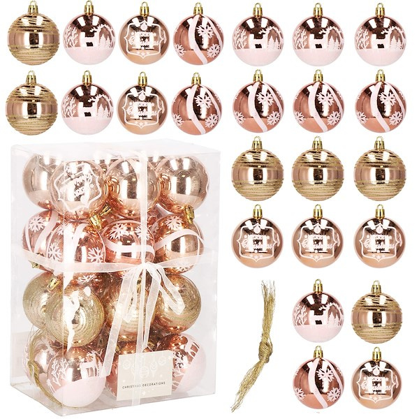 Bombki choinkowe 6 cm 24 szt. rose gold brokatowe zestaw choinkowy