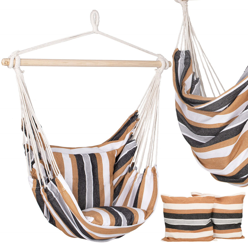 Fotel wiszący z poduszkami, hamak brazylijski 130x100cm kolorowe pasy