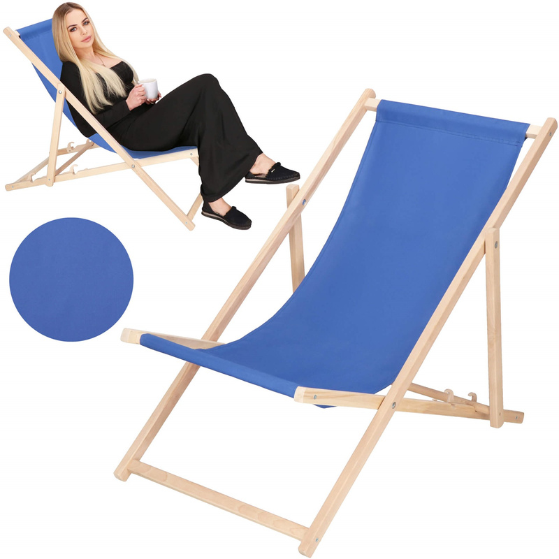 Leżak plażowy składany, drewniany z niebieskim materiałem