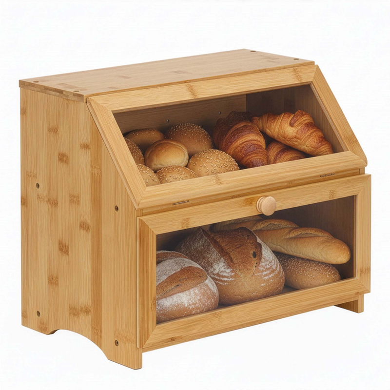 Chlebak zamykany, dwupoziomowy, szafka na pieczywo, pojemnik na chleb, bambusowy