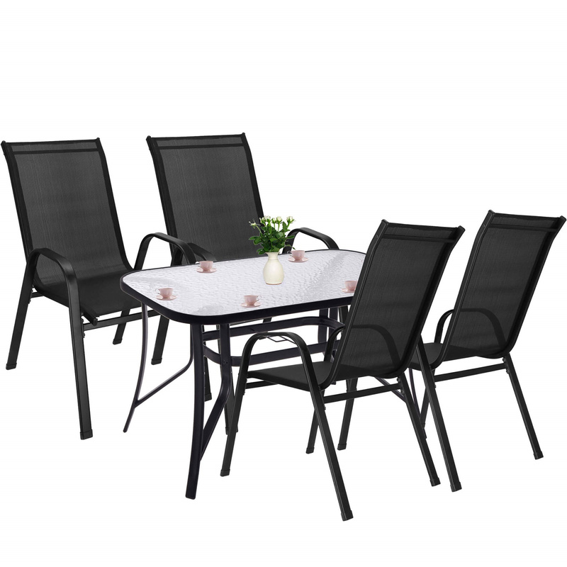 Meble ogrodowe: zestaw ogrodowy dla 4 osób metal i szkło hartowane, czarne