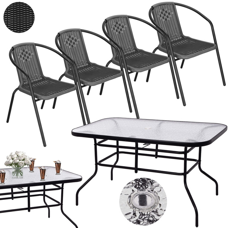 Komplet mebli ogrodowych stół prostokątny i krzesła metalowe 4 szt. zestaw na balkon czarno-szary