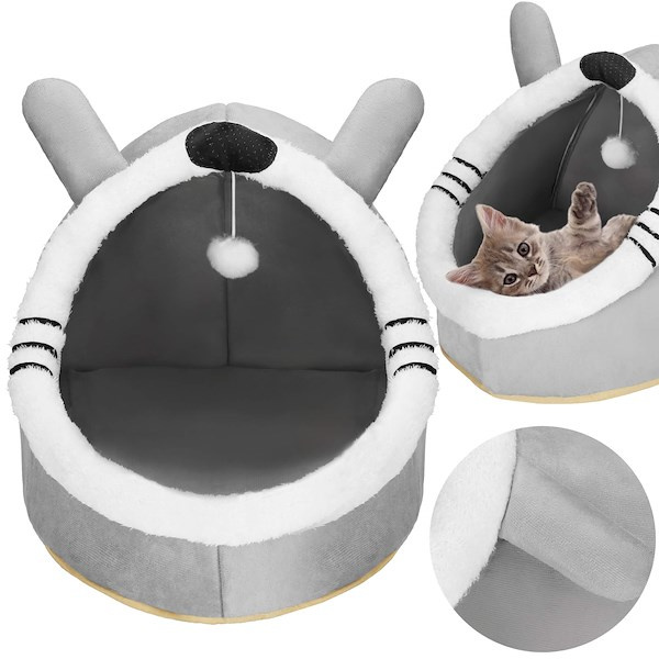 Legowisko dla kota, domek z poduszką i zabawką 42x44x35 cm budka dla kota szara