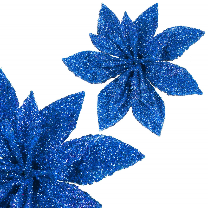 Poinsecja, sztuczny kwiat gwiazda betlejemska niebieski z brokatem