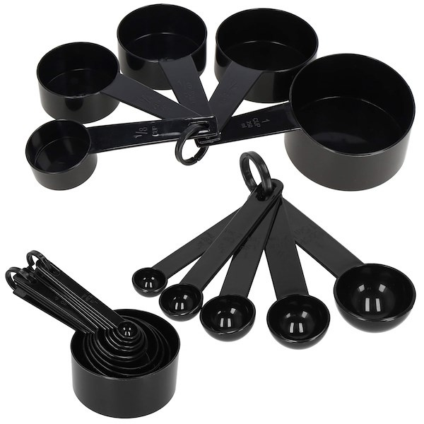 Miarki kuchenne 10 szt. łyżki, kubki plastikowy zestaw czarne