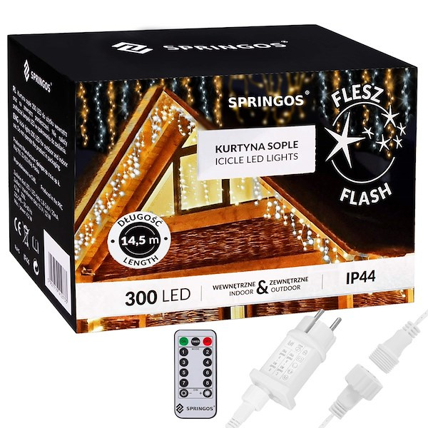 Kurtyna świetlna 300 led girlanda, lampki wewnętrzno-zewnętrzne sople biały ciepły + biały flash