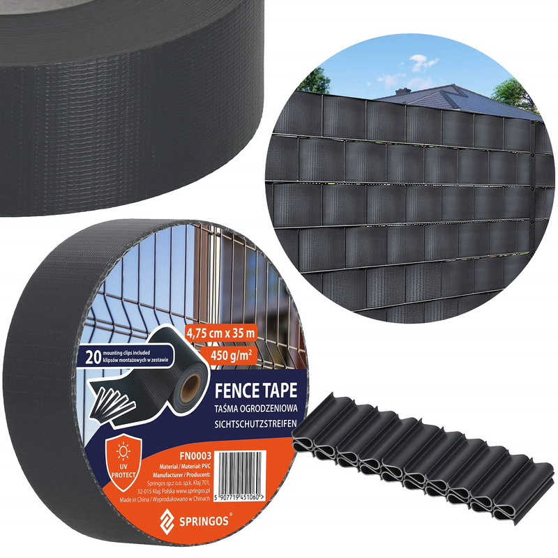 Taśma ogrodzeniowa PVC 35m x 4,75cm 450 g/m2 z klipsami mocującymi 20 szt. antracyt