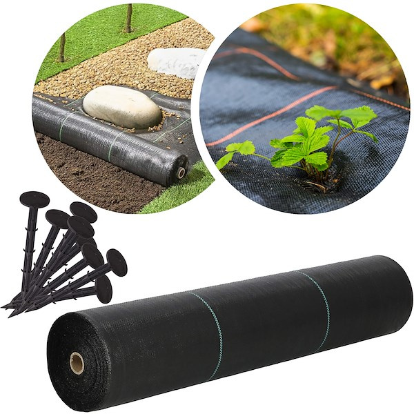 Agrowłóknina antychwastowa agrotkanina 90g czarna mata 0,8x100 m gruba + kotwy mocujące 50 szt. kołki