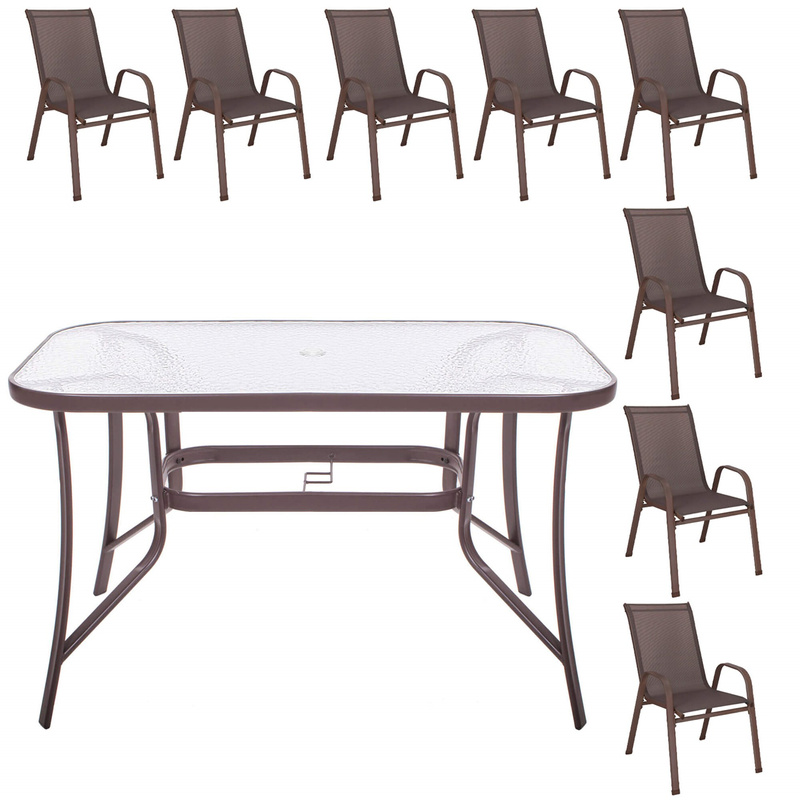 Zestaw mebli ogrodowych stół ze szkłem hartowanym, 8 krzeseł komplet na taras brązowy