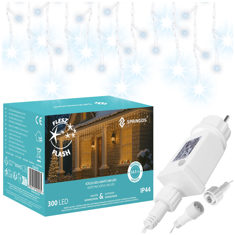 Kurtyna świetlna 14,5 m biały zimny, flash girlanda 300 led lampki wewnętrzno-zewnętrzne sople