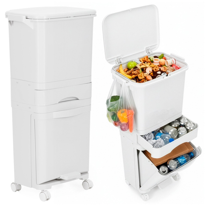 Kosz do segregacji odpadów 42 l z trzema komorami i kółkami, kosz na śmieci, biały