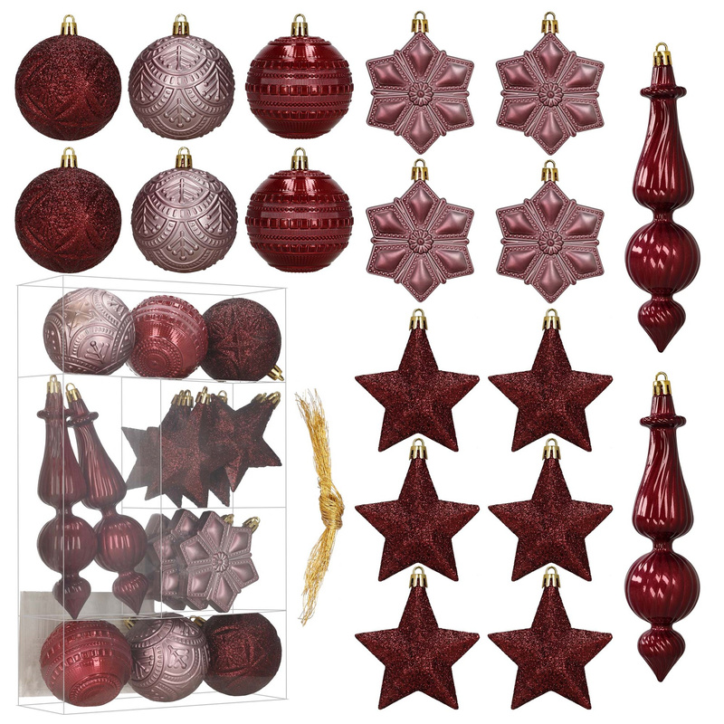 Bombki choinkowe zestaw 18 szt. zawieszki świąteczne brokatowe, matowe, błyszczące bordowe