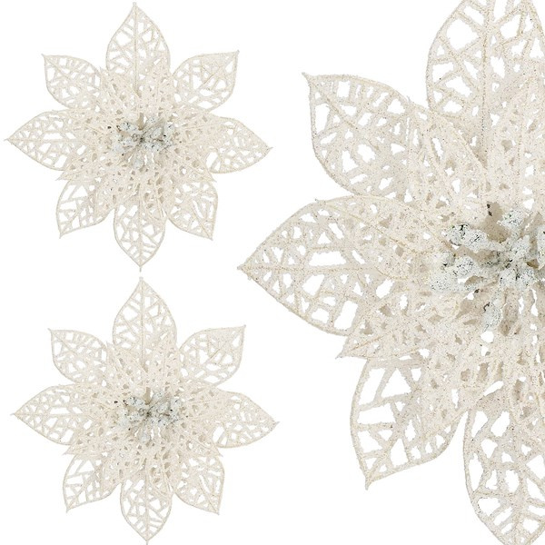 Gwiazda betlejemska 2 szt. biała z brokatem ażurowa na klipsie poinsecja sztuczny kwiat