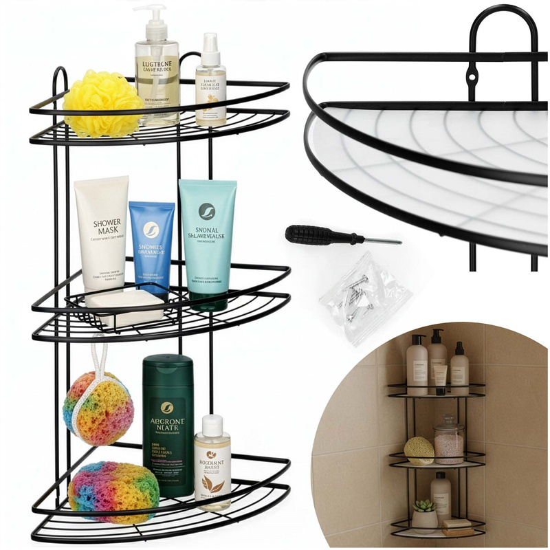 Półka łazienkowa pod prysznic narożna regał 3 poziomy, wisząca, czarna