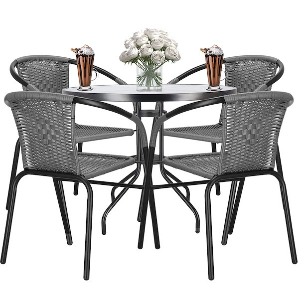 Komplet mebli tarasowych, ogrodowych 4 krzesła i okrągły stół z szkła hartowanego czarno-szary