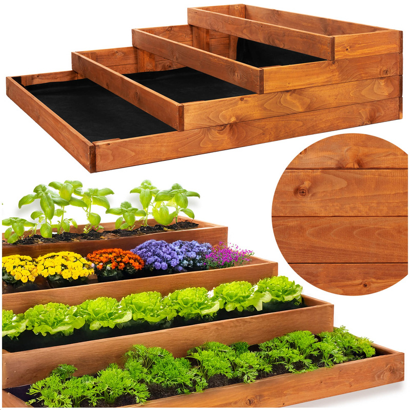 Skrzynia drewniana na warzywa 123x123 cm warzywniak 4- poziomowy z agrowłókniną, brązowy