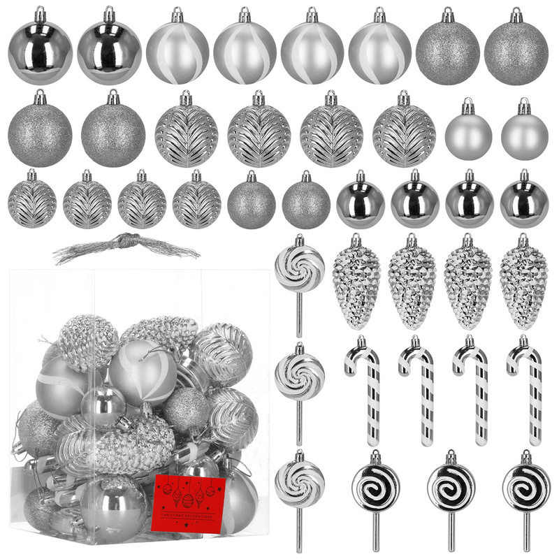 Bombki choinkowe kształtki 40 szt. okrągłe, lizaki, szyszki, laski cukrowe srebrne