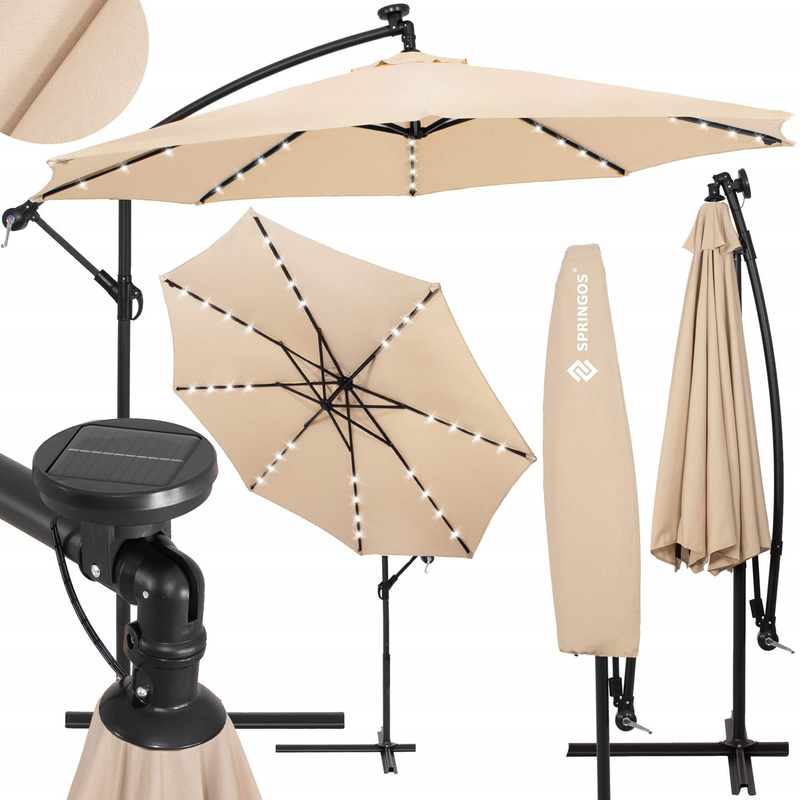 Parasol z oświetleniem LED na taras 300 cm na wysięgniku ogrodowy składany, z korbką ecru