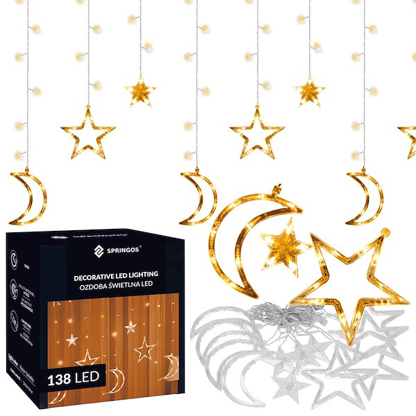 Kurtyna świetlna 138 Led gwiazdy i księżyce światełka sople ciepły biały