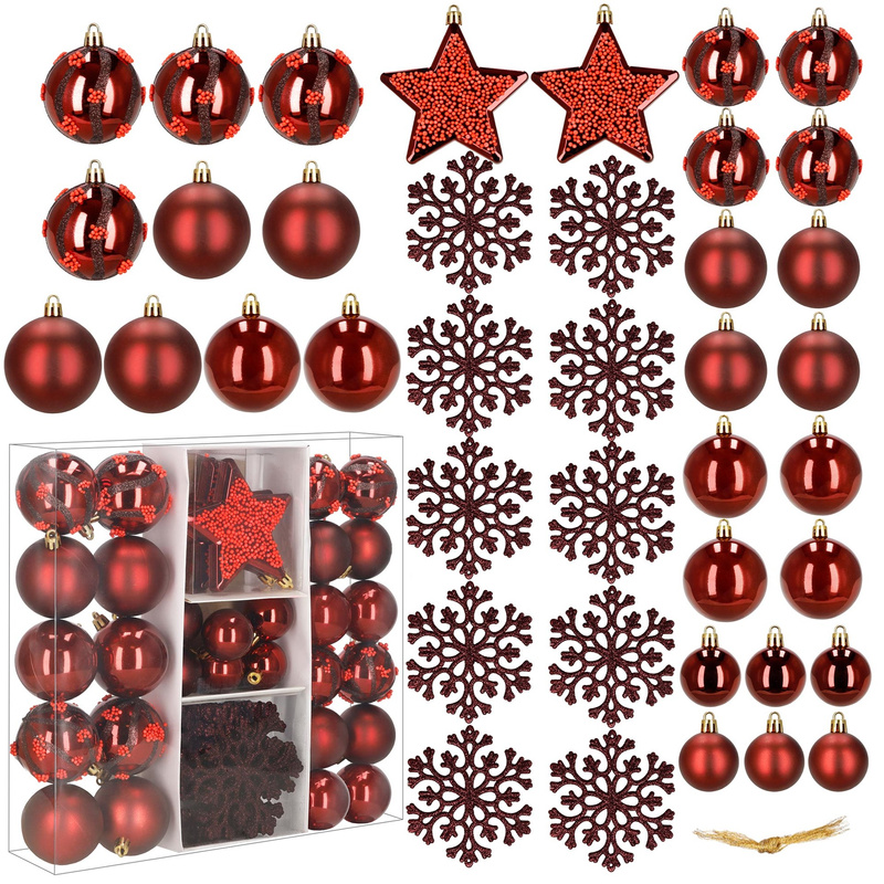 Bombki choinkowe 40 szt. zestaw ozdób świątecznych: bombki, gwiazdy i śnieżynki, bordowo-czerwone