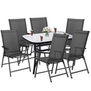 Meble ogrodowe, komplet na balkon dla 6 osób: metalowe 6 krzeseł i stół z szkła hartowanego czarno-szary
