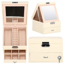 Szkatułka na biżuterię ekoskóra 16x16x11 cm kuferek kremowy z szufladą i lusterkiem