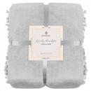 Narzuta na łóżko z pomponami, pled 200x220 cm dwustronny koc na kanapę jasny szary