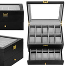 Szkatułka na zegarki 29x21,5x16 cm czarno-szary kuferek z 20 przegródkami welur