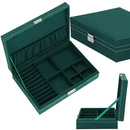 Szkatułka na biżuterię 28x19,5x7 cm zielony kuferek z 17 przegródkami welurowy
