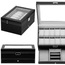 Szkatułka na zegarki 30x20x13 cm czarno-szary kuferek z 12 przegródkami ekoskóra