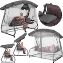 Huśtawka ogrodowa, tarasowa z daszkiem i moskitierą, 3-osobowa z podstawkami na napoje brązowo-szara 