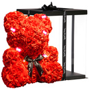 Miś z róż 40 cm czerwony z czarną kokardką i lampkami LED zimny biały