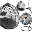 Fotel wiszący ogrodowy kokon rattanowy z poduszkami bujak huśtawka na stelażu czarna