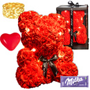 Miś z róż 40 cm zestaw prezentowy czerwony z czarną kokardką i lampkami LED biały ciepły