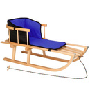 Sanki dla dzieci drewniane z oparciem i niebiesko-czarnym materacykiem