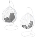 Fotel wiszący do ogrodu kokon bujany biały z ciemnoszarymi poduszkami