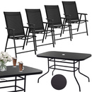 Meble ogrodowe, komplet na balkon dla 4 osób: metalowe 4 krzesła i stół z szkła hartowanego, czarny 