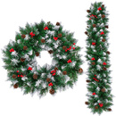 Girlanda choinkowa, świąteczna ośnieżona 110 cm łańcuch z szyszkami i jarzębiną, zielona