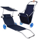 Leżak ogrodowy składany z kółkami i daszkiem granatowy